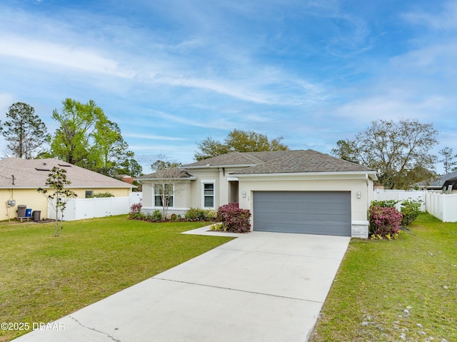 ranch-style house with a front lawn, fence, stucco siding, driveway, and an attached garage