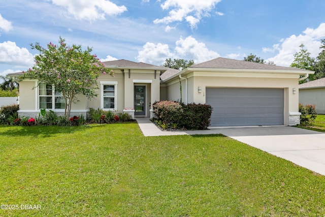 19 Russman Ln, Palm Coast, FL 32164 - view of front of property with concrete driveway, an attached garage, stucco siding, and a front yard