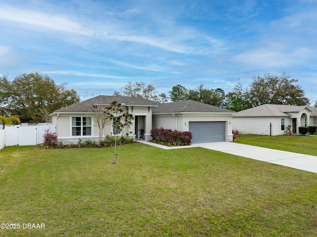 view of front facade featuring concrete driveway, a garage, a front yard, and stucco siding