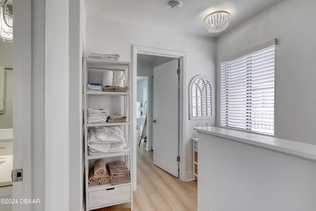 spacious closet featuring light hardwood / wood-style flooring and a notable chandelier