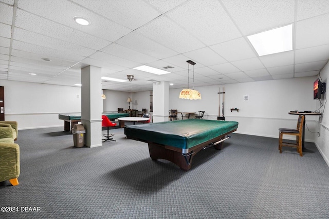 playroom with a paneled ceiling, carpet, and billiards