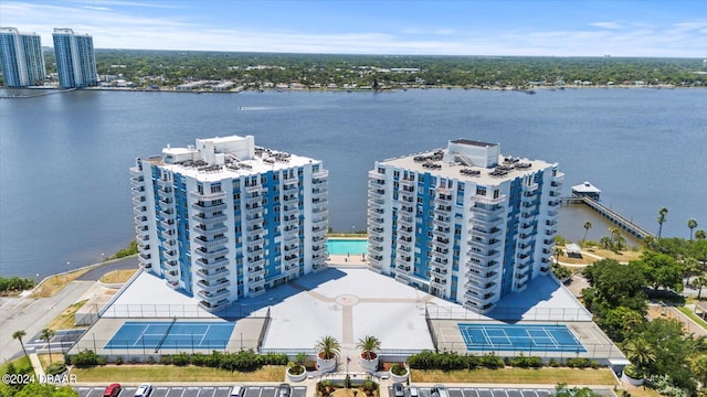 drone / aerial view featuring a water view