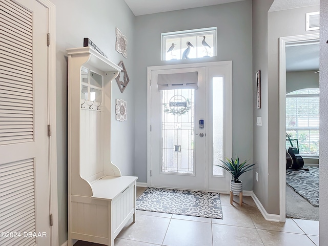 foyer entrance with light tile patterned floors and a wealth of natural light