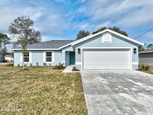 ranch-style home with a garage and a front yard