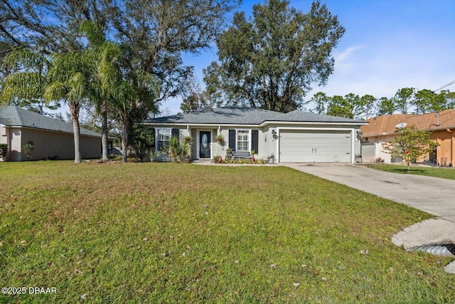 single story home featuring a garage and a front lawn