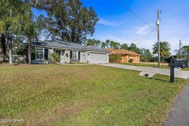 single story home featuring a front lawn and a garage