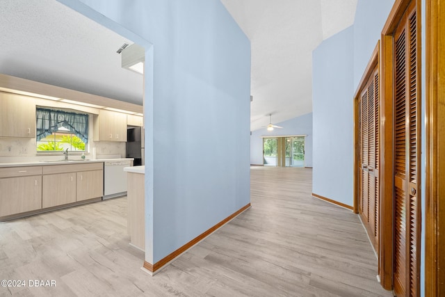 212 Glenbriar Cir, Daytona Beach, FL 32114 - hall with a sink, light wood-type flooring, baseboards, and lofted ceiling