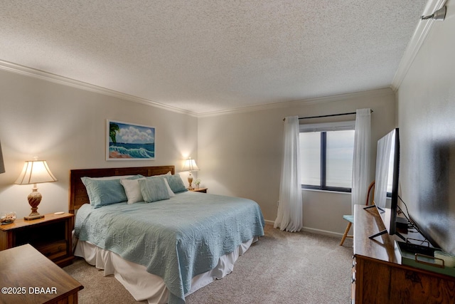 bedroom featuring crown molding, carpet, and a textured ceiling