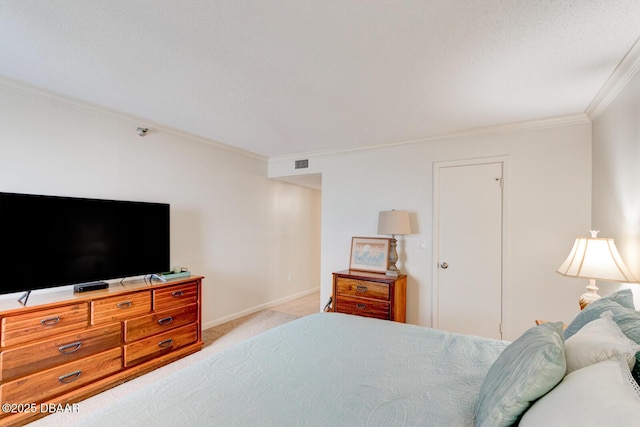 carpeted bedroom featuring ornamental molding