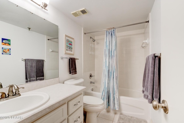 full bathroom with tile patterned flooring, vanity, toilet, and shower / bath combo with shower curtain