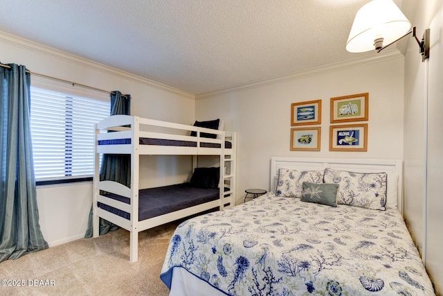 carpeted bedroom featuring crown molding and a textured ceiling