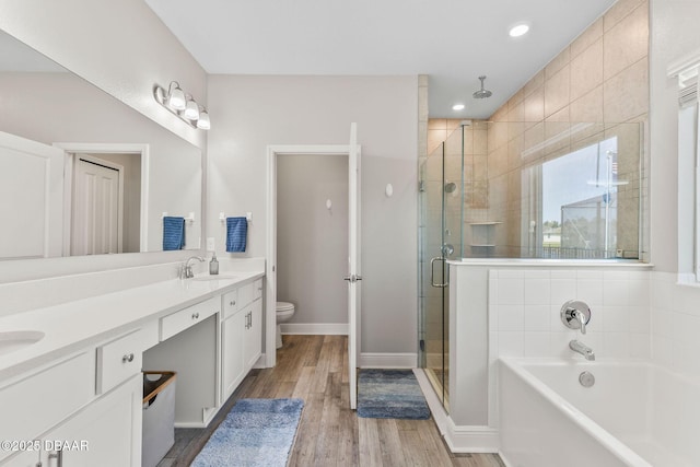 full bath featuring double vanity, toilet, a sink, a bath, and a shower stall