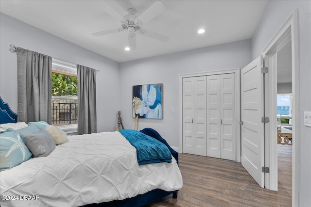 bedroom featuring ceiling fan, dark hardwood / wood-style floors, and a closet