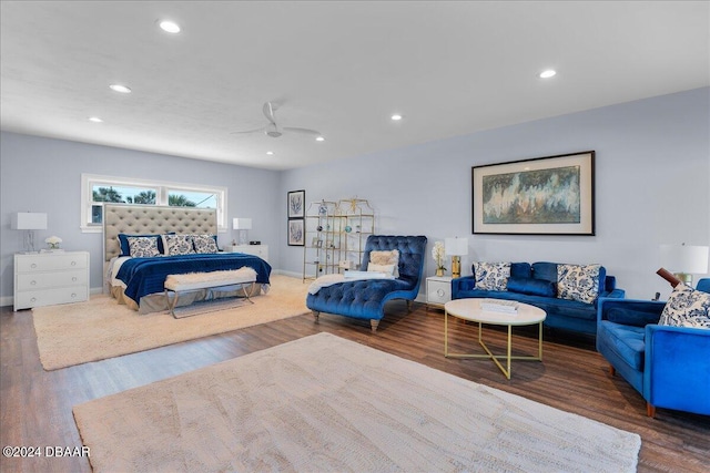 bedroom featuring dark wood-type flooring and ceiling fan