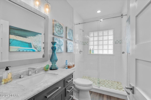 717 Ocean Shore Blvd, Ormond Beach, FL 32176 - bathroom featuring vanity, a shower stall, toilet, wood finished floors, and recessed lighting