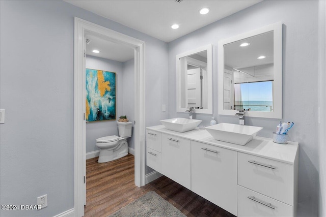 bathroom featuring toilet, vanity, wood-type flooring, and walk in shower