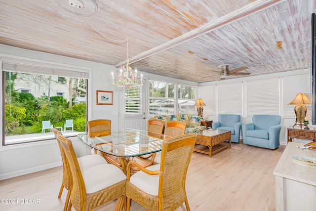 dining area with wooden ceiling, light hardwood / wood-style floors, and ceiling fan with notable chandelier