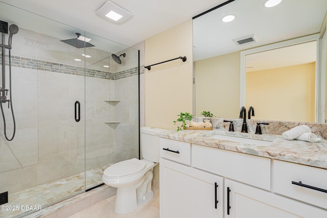 full bathroom with visible vents, toilet, recessed lighting, a stall shower, and vanity