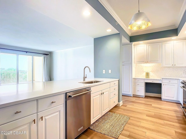 kitchen featuring white cabinetry, light wood finished floors, a sink, light countertops, and dishwasher