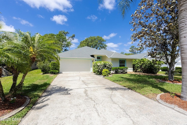 ranch-style home featuring stucco siding, an attached garage, driveway, and a front lawn