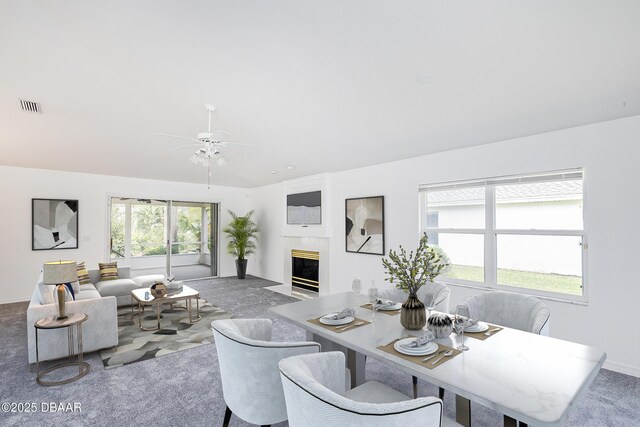 dining room featuring ceiling fan, visible vents, a fireplace with flush hearth, and carpet
