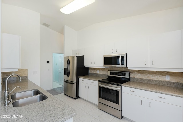 kitchen with white cabinets, appliances with stainless steel finishes, a sink, tasteful backsplash, and visible vents