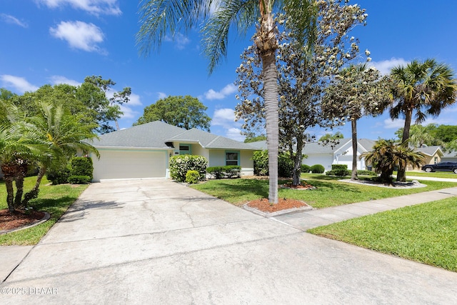 ranch-style house featuring a front yard, a garage, concrete driveway, a shingled roof, and stucco siding
