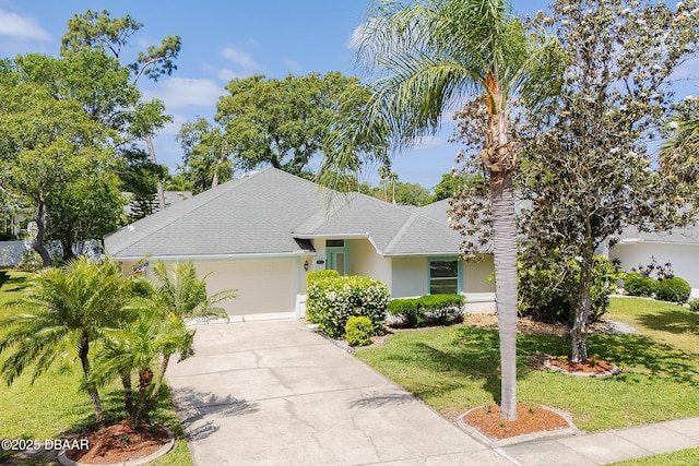 ranch-style house featuring roof with shingles, a front lawn, a garage, stucco siding, and concrete driveway