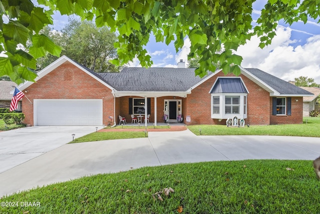 ranch-style house with an attached garage, brick siding, concrete driveway, a front lawn, and a chimney