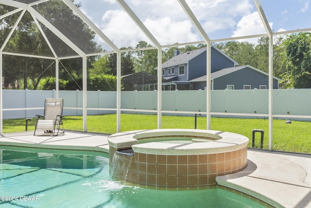 view of swimming pool with a fenced backyard, a fenced in pool, a lawn, and an in ground hot tub