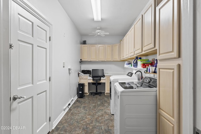 laundry room with ceiling fan, baseboards, independent washer and dryer, cabinet space, and stone finish flooring