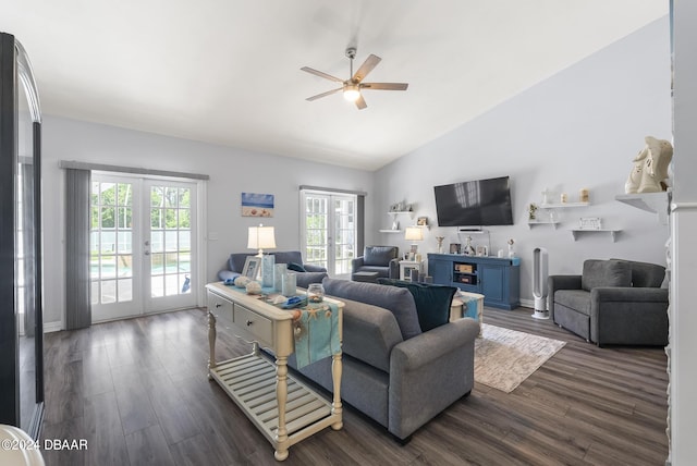 living area featuring dark wood-style floors, high vaulted ceiling, french doors, and a ceiling fan