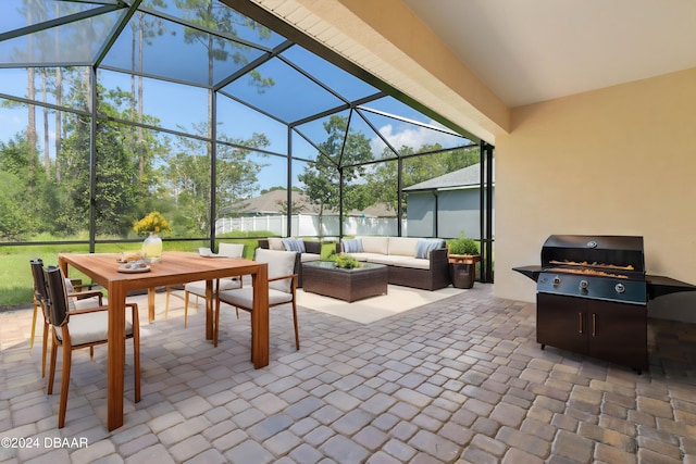 view of patio with outdoor lounge area and a lanai