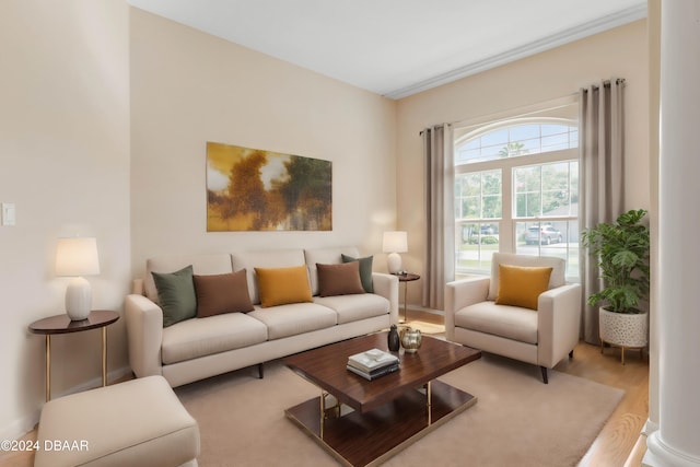 living room featuring decorative columns and light hardwood / wood-style flooring