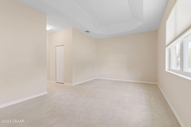 unfurnished room with a raised ceiling and light colored carpet