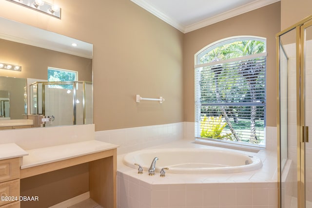 bathroom with separate shower and tub, plenty of natural light, and vanity