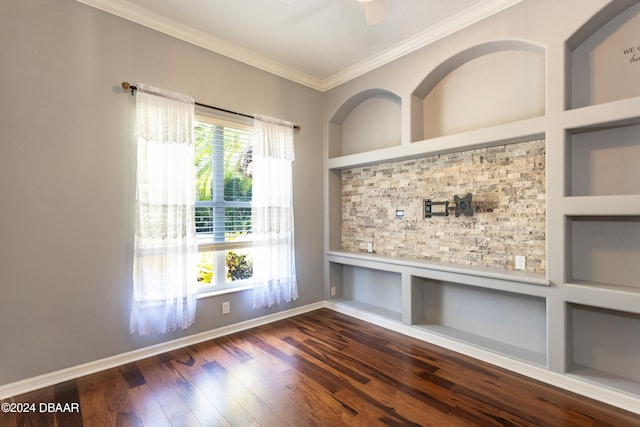 interior space featuring built in shelves, a wealth of natural light, and dark wood-type flooring