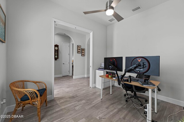 bedroom with ceiling fan, wood-type flooring, and a closet