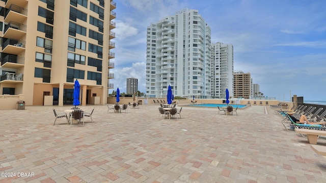 view of home's community with a city view and a swimming pool