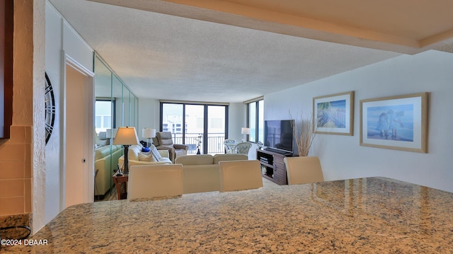 living area with expansive windows and a textured ceiling