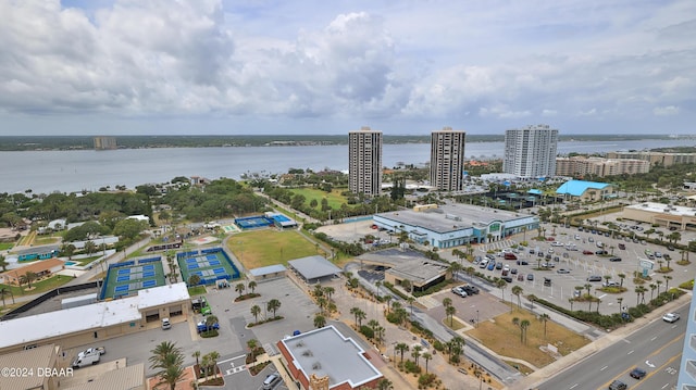 bird's eye view with a water view