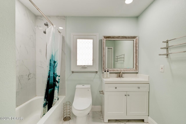 bathroom featuring vanity, toilet, baseboards, marble finish floor, and shower / bath combination with curtain