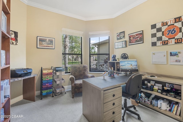 carpeted office featuring baseboards and ornamental molding