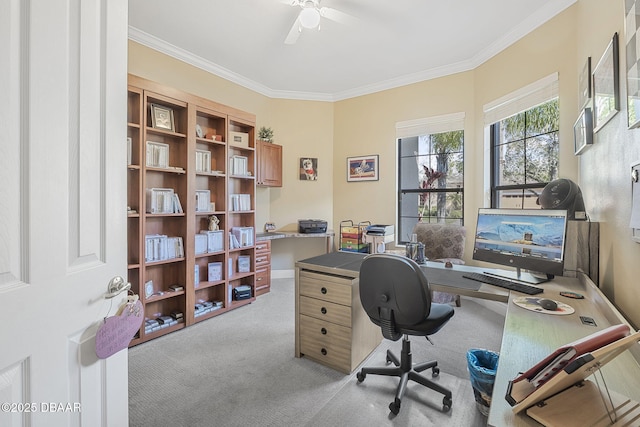 office featuring ornamental molding, light colored carpet, and ceiling fan