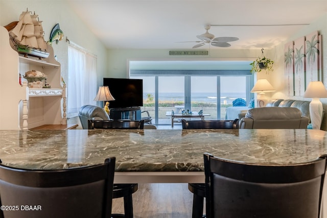 kitchen with ceiling fan, a breakfast bar area, a healthy amount of sunlight, and stone counters