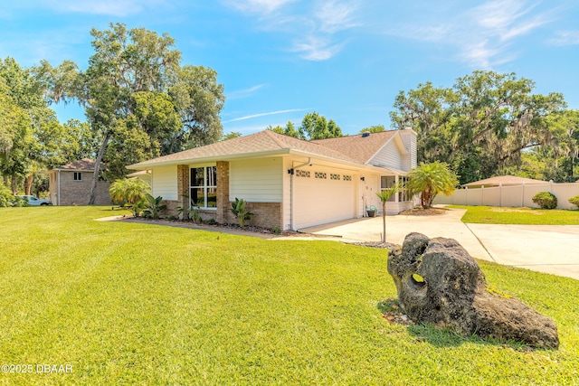 3931 Tano Dr, Ormond Beach, FL 32174 - ranch-style home with a garage, driveway, brick siding, a chimney, and a shingled roof