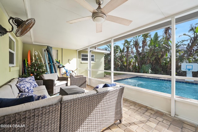 view of pool featuring a wall unit AC, a patio area, and an outdoor living space