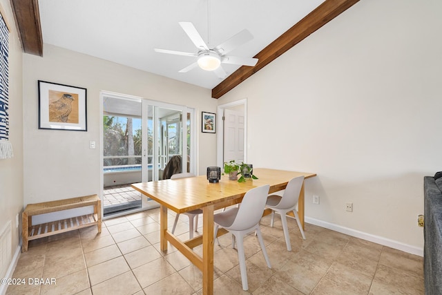 tiled dining room with lofted ceiling with beams and ceiling fan