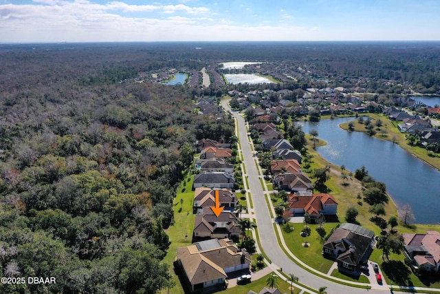 drone / aerial view featuring a water view