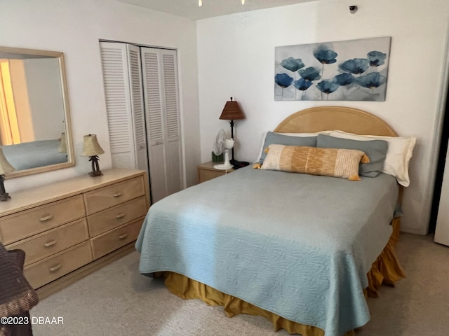 bedroom featuring a closet and light colored carpet